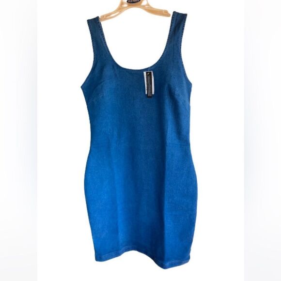 RETROD Dress sleeveless denim stretchy back zip kick pleat Bodycon fitted medium - Picture 13 of 16